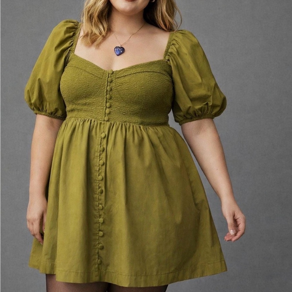 Olive Puff-Sleeve Button-Front Mini Dress